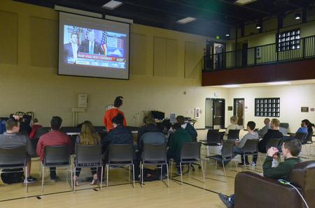 Political science students and faculty gather to watch Super Tuesday results in the Bowld Student Commons. - Photo by MiKalla Cotton