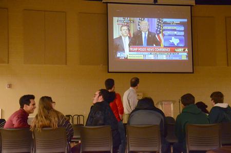 Political science students and faculty gather to watch Super Tuesday results in the Bowld Student Commons. - Photo by MiKalla Cotton