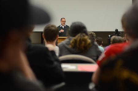 Mike Goeke, Associate Pastor at First Baptist Church in San Francisco, CA, speaks to students and staff at Finding You at the U in Harvey Auditorium. - Photo by MiKalla Cotton