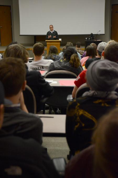 Mike Goeke, Associate Pastor at First Baptist Church in San Francisco, CA, speaks to a large crowd of students and staff at Finding You at the U in Harvey Auditorium. - Photo by MiKalla Cotton