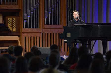Travis Cotrell, worship leader at Englewood Baptist Church, speaks during a worship chapel service in the G.M. Savage Memorial Chapel. - Photo by MiKalla Cotton