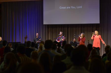 Band members lead worship with Travis Cotrell, worship leader at Englewood Baptist Church, during a worship chapel service in the G.M. Savage Memorial Chapel. - Photo by MiKalla Cotton