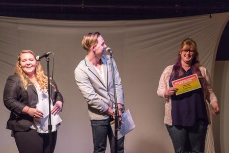 2016 Union Film Festival hosts Abigail Duke, senior public relations major, and Garyn McIntyre, senior theatre major, congratulate Riley Strong, freshman digital media communications major, on her award at the Union Student Film Festival. - Photo by David Parks