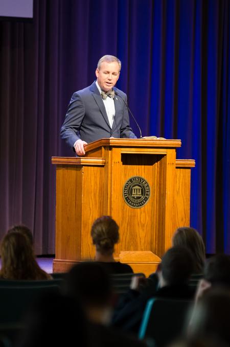 Dub Oliver, president of the university, speaks about pro-life during chapel. - Photo by Gretchen Foels