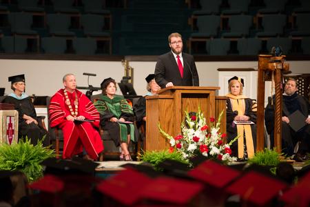Jordan Mathenia, senior music major, performs <em>Thy Way, Not Mine, O Lord</em> during Summer Commencement.  - Photo by Kristi McMurry Woody