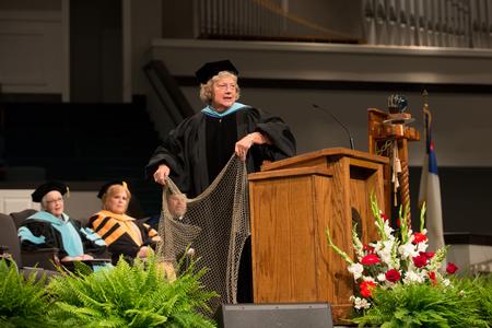 Anna Clifford, retired professor of education, delivers the commencement address titled "Catch the Teachable Moment" during Summer Commencement. - Photo by Kristi McMurry Woody