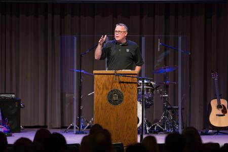 Todd Brady, vice president for university ministries, preaches during chapel following Welcome Week activities for new students and their families.  - Photo by Kristi McMurry Woody