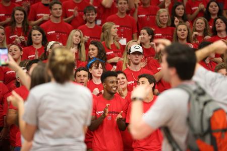 New students learn cheers during Welcome Week. - Photo by Kristi McMurry Woody