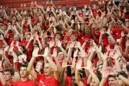 New students learn all the chants for athletic games during a session with their Welcome Week leaders.  - Photo by Kristi McMurry Woody