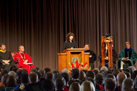 Kaylee Gibson, junior public relations major and SGA president, gives the commencement speech at Convocation. - Photo by Janelle Vest