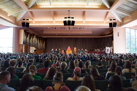 Dub Oliver, president of the university, speaks to students and staff at convocation.  - Photo by Janelle Vest