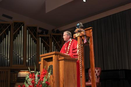 Dub Oliver, president of the university, gives the Convocation address in the G.M. Savage Memorial Chapel.  - Photo by Morgan Morfe