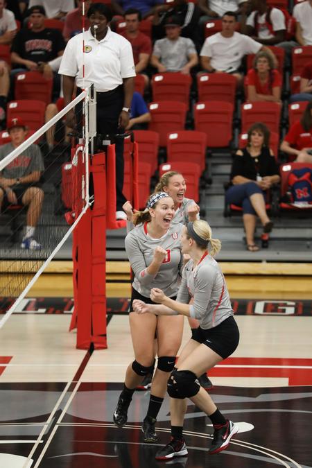 The Lady Bulldogs celebrate a point during a match against CBU. - Photo by Kristi McMurry Woody