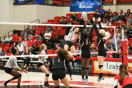 Freshman Abbie Rahn spikes the ball against Valdosta State. - Photo by Kristi McMurry Woody