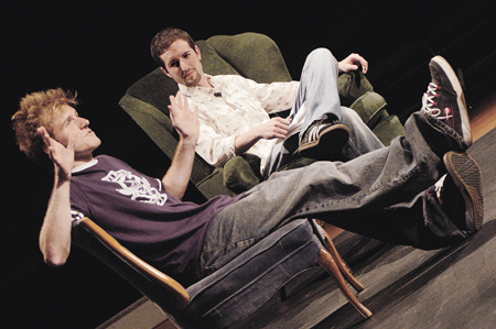 Senior Patrick Myers, theater major, discusses
his film <i>aMNESIAC</i> with senior host Eric Murrell, digital media studies major, and the audience. During this screening, all of the student films were shown and every student filmmaker discussed their film(s) and answered audience questions. - Photo by Jonathan Blair