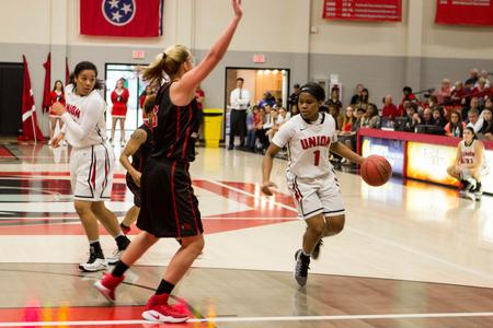 Jada Perkins dribbles toward the basket during the homecoming game against Martin Methodist. - Photo by Morgan Morfe