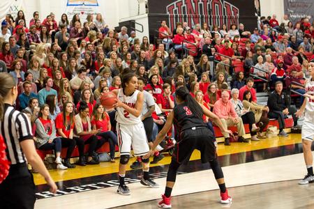 Jada Smith, sophomore, looks for a teammate to pass the ball to during the homecoming game against Martin Methodist. - Photo by Morgan Morfe