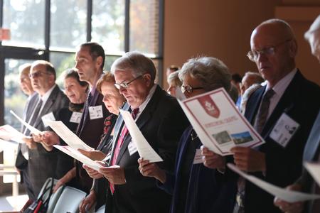 Members of the class of 1967 sing along to a hymn in homecoming chapel. - Photo by Kristi McMurry Woody