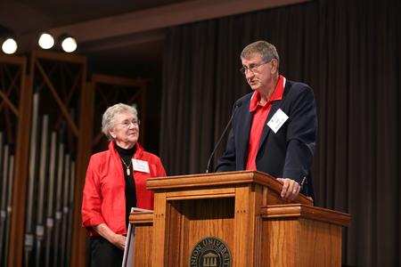 Representatives from the class of 1966 present their scholarship fund during homecoming chapel. - Photo by Kristi McMurry Woody