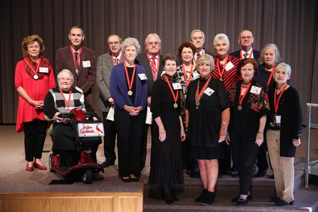 Members of the class of 1967 pose together after the homecoming chapel celebrating their 50 year reunion. - Photo by Kristi McMurry Woody