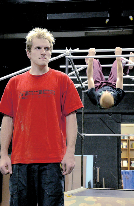 Father, Patrick Myers, senior theatre major and Gregor, Jared New, junior theatre major, rehearse for <i>Metamorphasis</i>. - Photo by Alaina Kraus