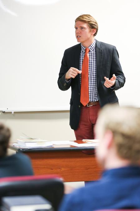 Jay Beavers, assistant professor of English, lectures during a literature class in the Penick Academic Complex. - Photo by Kristi McMurry Woody