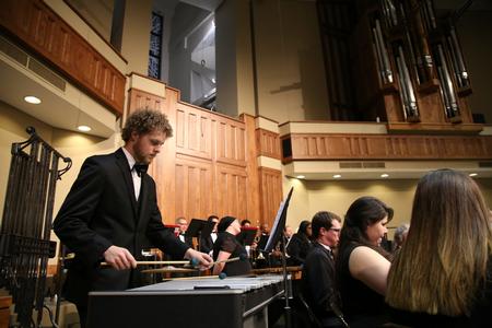 The percussion section of Symphonic Band plays in the annual fall concert. - Photo by Kristi McMurry Woody