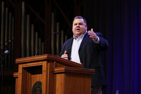 Clay Hallmark, pastor of First Baptist Church Lexington, delivers the chapel message on Founder's Day.  - Photo by Kristi McMurry Woody