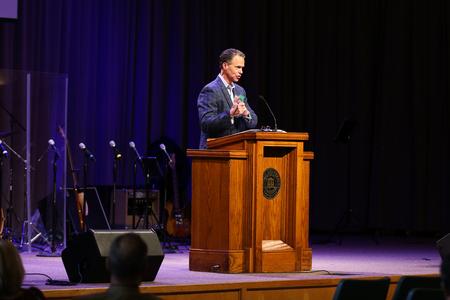 Ernest Easley, professor of evangelism, opens the West TN Evangelism Rally with some announcements.  - Photo by Kristi McMurry Woody