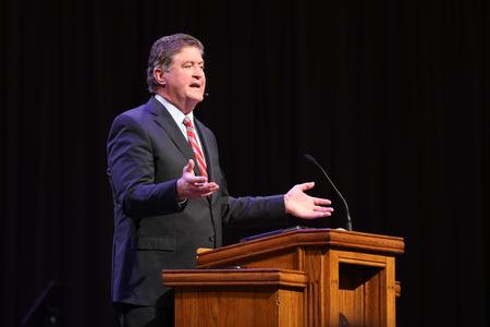 Steve Gaines, president of the Southern Baptist Convention, speaks at the West TN Evangelism Rally. - Photo by Kristi McMurry Woody