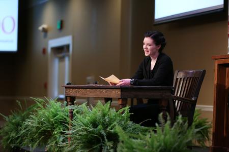 Cayley Cantwell, sophomore theater major, performs a monologue during the Reformation 500 Festival. - Photo by Kristi McMurry Woody