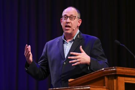 Scott Harris speaks in chapel. - Photo by Kristi McMurry Woody