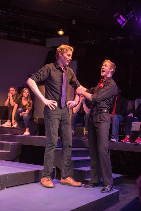 Clark Hubbard, sophomore political science major, and Jonathan Bowman, junior biology major and co-leader of the Blank Slate Improv team, perform during the 2017 "Dub" Show.  - Photo by Morgan Morfe