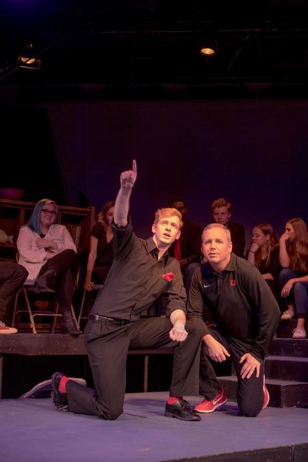 Jonathan Bowman, junior biology major, and Dub Oliver, president of the university, perform during the 2017 Blank Slate Improv "Dub" Show.  - Photo by Morgan Morfe