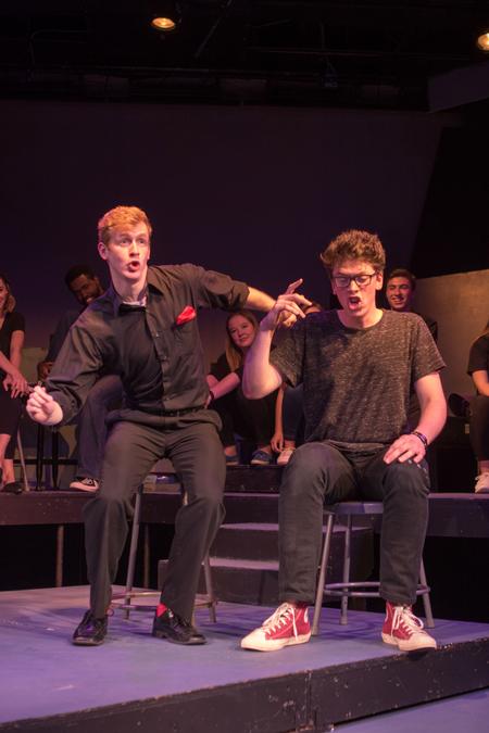 Jonathan Bowman, junior biology major, and Christopher Roberts, freshman biology major, share a laugh during the 2017 Blank Slate Improv "Dub" Show. - Photo by Morgan Morfe