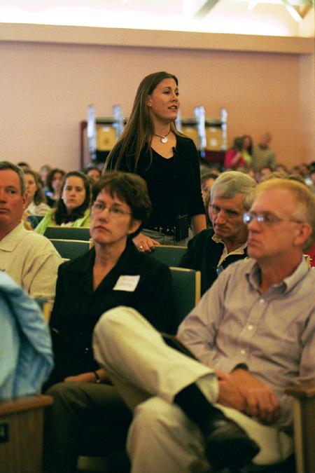 Heather Hodges shares her experiences with GO trips publicly at the GO Week Chapel Service 2002. - Photo by Justin Veneman