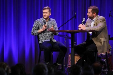 Timothy O'Day, church planter in Salt Lake City, answers questions from Tim Ellsworth, associate vice president for university communications, during chapel. - Photo by Kristi McMurry Woody