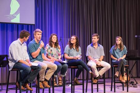 A panel of students discusses their GO Trip experiences in chapel.  - Photo by Janelle Vest