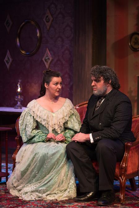 Crista Wilhite and Matthew Wallace, theatre majors, play Mrs. Almond and Dr. Sloper in Union's production of "The Heiress."
  - Photo by Gretchen Foels