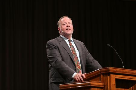 Dr. Bruce Gordon, the Titus Street Professor of Ecclesiastical History at Yale Divinity School and an award-winning author, speaks at the annual Carls-Schwerdfeger History Lecture. - Photo by Kristi McMurry Woody