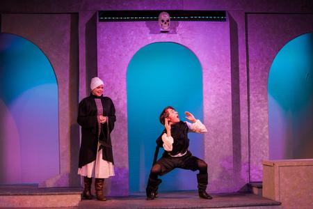 Ian Malone, English major, performs as Hamlet in the Union Players' production of Rosencrantz and Guildenstern are Dead. - Photo by Kristi McMurry Woody