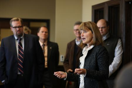 Beth Harwell, current Speaker of the House in the Tennessee House of Representatives, speaks to a few Union faculty and staff during a reception in The Logos. - Photo by Kristi McMurry Woody