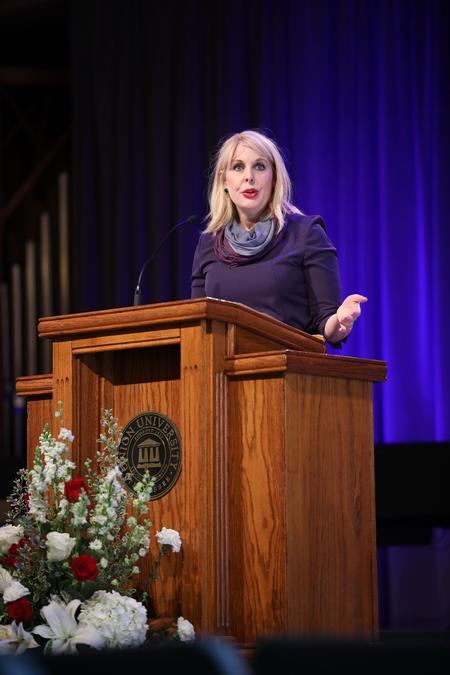 Kimberly Thornbury speaks in Founder's Day chapel as a part of the "God in the Whirlwind: A 10-Year Remembrance" event.  - Photo by Kristi McMurry Woody