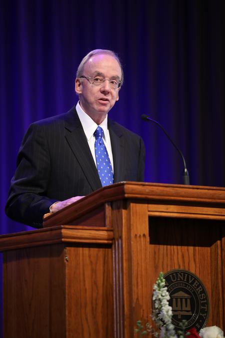 David S. Dockery, former president of Union University, speaks during Founder's Day chapel. - Photo by Kristi McMurry Woody