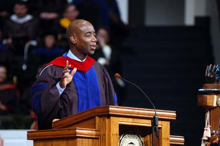 Barry Black, the 62nd chaplain of the U.S. Senate, told the fall graduates how a wrongfully-imprisoned Joseph rose to a position of prominence in Egypt because he remained faithful despite his circumstances.  - Photo by Morris Abernathy