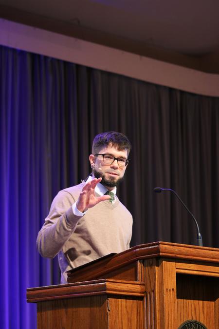 Jacob Shatzer, assistant dean of The School of Theology and Missions, speaks in chapel. - Photo by Hannah Heckart