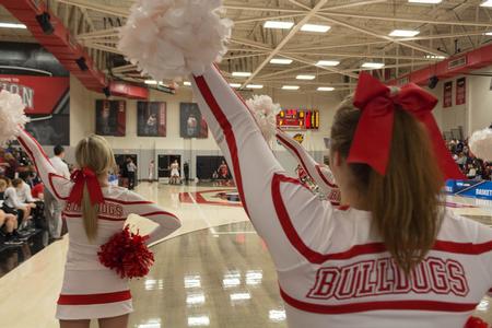 Union's cheerleaders support the Lady Bulldogs in the NCAA DII tournament. - Photo by Riley Boggs