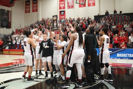 The Lady Bulldogs celebrate their win against Valdosta State. - Photo by Kristi McMurry Woody