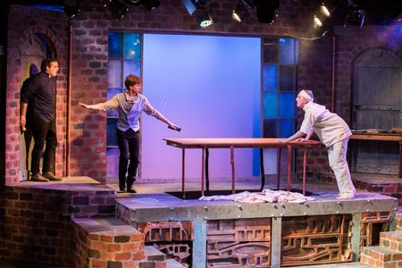 Matthew Wallace, Jacob Beals, both theatre majors, and James Martin, philosophy major, perform in the Union University production of Frankenstein. - Photo by Kristi McMurry Woody