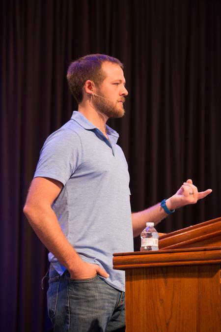 Zach Thompson, church planter and UU alum, speaks in chapel. - Photo by Hannah Heckart